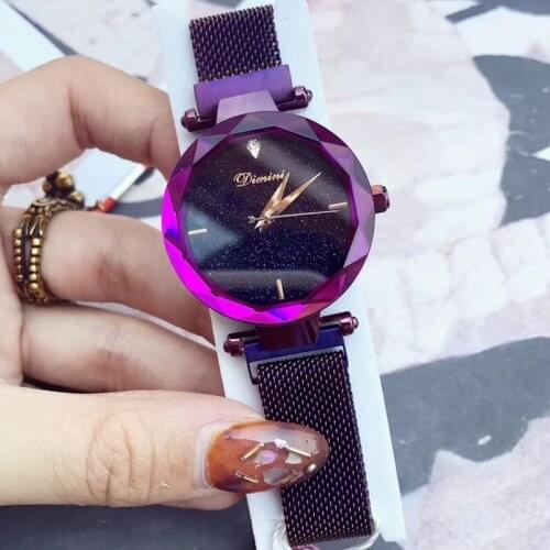 Fashion Women Tempting Purple Watches Multi Faceted Crystal Wrist watch Quartz Magnet Milanese Bracelet Watch Steel Montre 3Bar