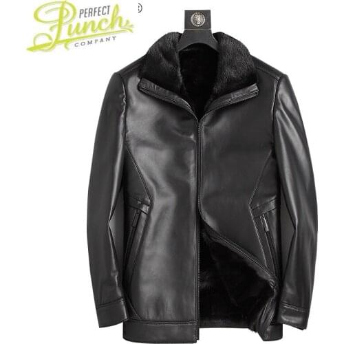Genuine Winter Sheepskin Leather Men Jackets Real Mink Fur Collar Coat Male Black Warm Thick Mens Jacket Jaquetas Gmm12