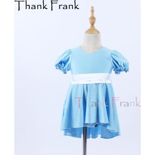 New Girls Short Dance Dress Child Light Blue Contemproray Performance Costumes Women Kids Puff Sleeve Bow Modern dresses C704