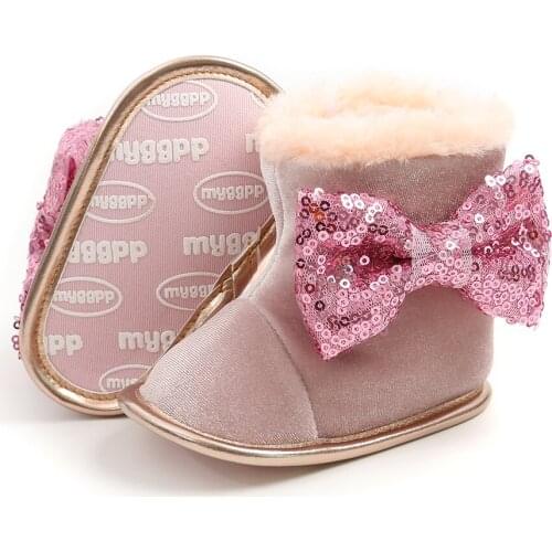 Newborn Baby Shoes Bow Fur Winter Warm Baby Girls Boots With Hairband Mid-Calf Length Slip-On Infant Furry Boots 0-18M