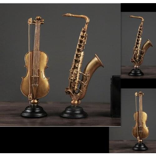 Luxury Nordic Vintage Violin Saxophone Model Ornaments Musical Instrument Statue Home Decor Living Room Sculpture Art Crafts