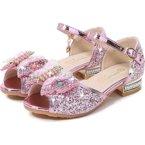 Girls Sandals Spring New Sequined Princess Shoes Fashion Hollow Girl Show High Heel Beach Shoes for Party Heel Butterfly-knot