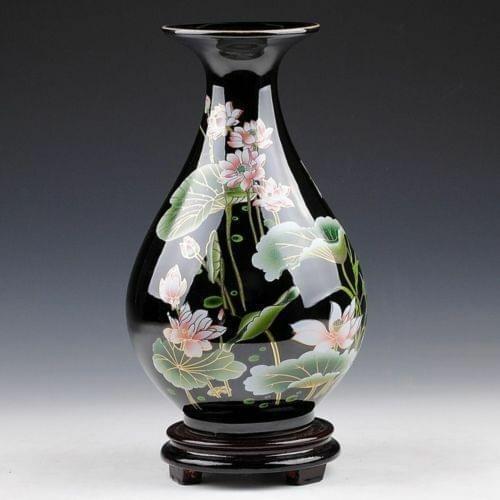 ORIENTAL CHINESE HAND-PAINTED BLACK LOTUS FLOWERS DROP SHAPE VASE
