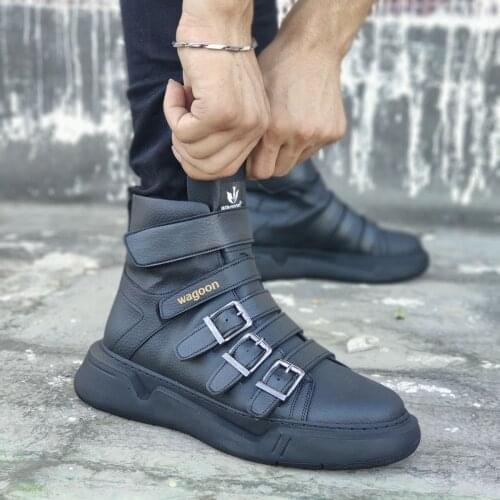 Wagoon WG06 Charcoal Color Long Belt Buckled Velcro Boots