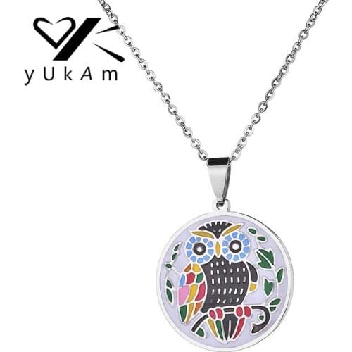 YUKAM Vintage Jewelry Silver Color Stainless Steel Enamel Animal Owl Pendant Necklaces Coin Disc Short Choker Necklace for Women