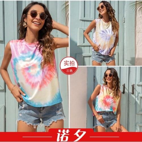 Summer T Shirt Women 2021 New summers Evening Round Collar tie-dye Gradient Printed Sleeveless Harajuku Tshirt LHX1818