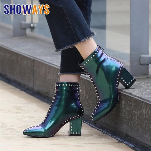 Winter Rivet Women Ankle Boots High Block Heels Pointed Toe Black Studded Patent Leather Plush Casual Ladies Zipper Short Boots