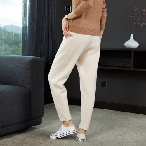 Women Pants 2020 New Autumn and Winter Soft Comfortable High-Waist Knitted 100% Cashmere Knitted Pants Female Elastic Thicken