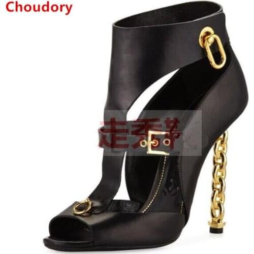 Gold metal fretwork heels black/brown leather women sexy pumps peep toe cut-outs high heels summer sandal DFS149