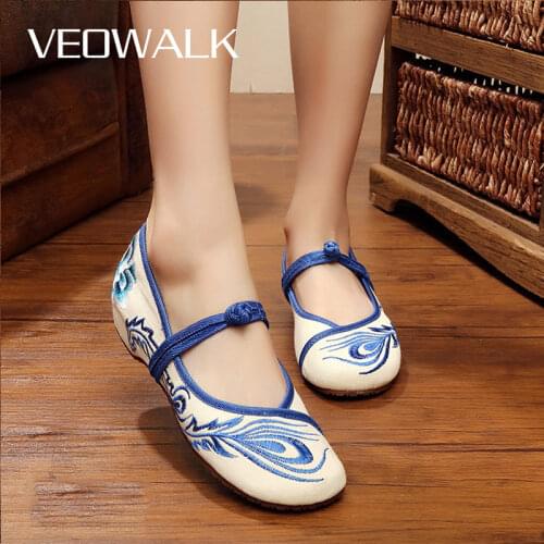 Veowalk Peacock Tail Embroidered Women Canvas Ballet Flats Retro Style Ladies Comfort Shoes Soft Linen Insoles Ballerine