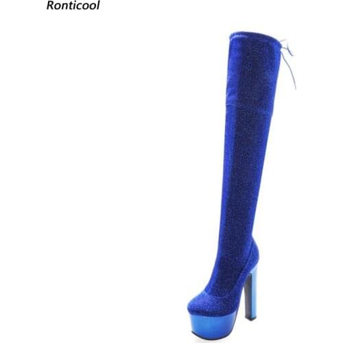 Ronticool 2021 Fashion Women Winter Over The Knee Boots 17 Cm Square High Heels Round Toe Black Red Blue Silver Shoes Size 45