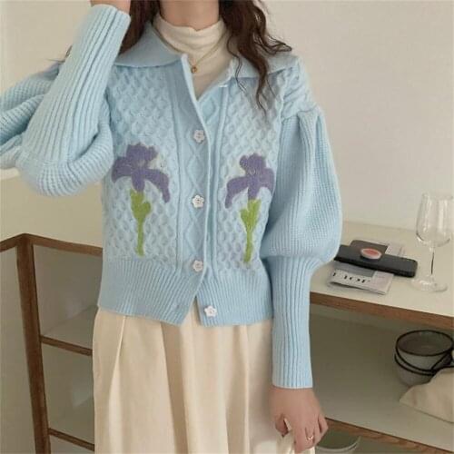 Alien Kitty New Puff Sleeve Knitted Sweaters Lapel All Match 2021 Cardigans Loose Stylish Sweet Floral Embroidery Flowers Chic