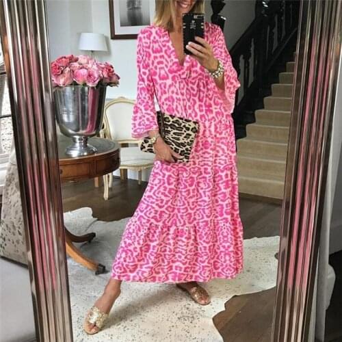 Casual women loose long maxi dress summer frocks Sexy long sleeve pink leopard print maxi dress Streetwear vestidos de mjer