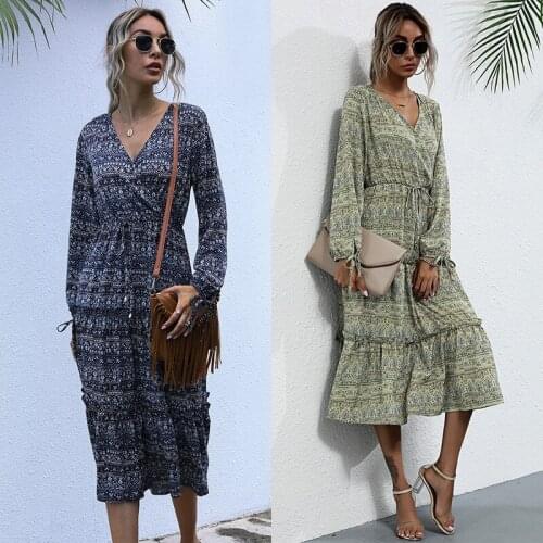 V Neck Bow Fall 2021 Long Sleeve Print Midi Dress Women Bodycon Party Dresses Sexy Elastic Waist Commuter A-line Skirt Lace-Up