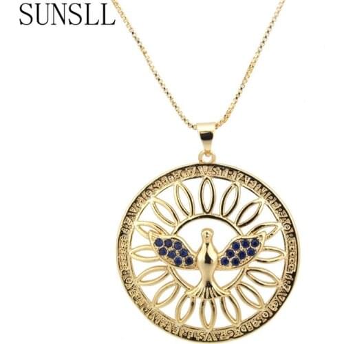 SUNSLL Golden Copper Round Hollow Blue Cubic Zirconia Unique Bird Pendant Necklace Jewelry for Women Colar Feminina Anniversary
