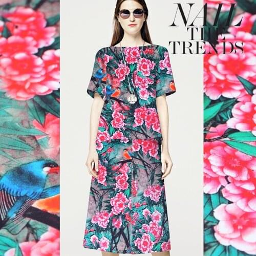 Magpie pink flower 19mm digital inkjet stretch satin natural silk fabric summer silk clothing cheongsam dress fashion cloth