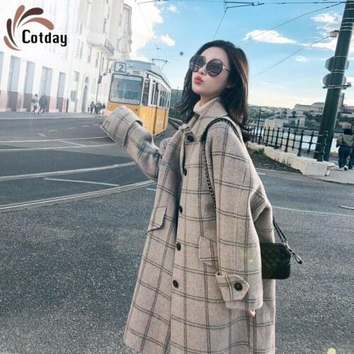 Cotday Loose Long Autumn And Winter High Street Plaid Hepburn Double Breasted Women New Small Temperament Thick Woolen Coat