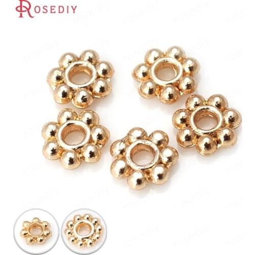 D054)20 pieces 4mm 6mm 7mm 24K Champagne Gold Color Plated Brass Bracelets Flower Spacer Beads High Quality Jewelry Accessories
