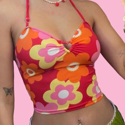 Women Sexy Halter Backless Crop Top Hollow Out Ruched O-Ring Patchwork Slim Camisole Boho Colorful Floral Pattern Vest