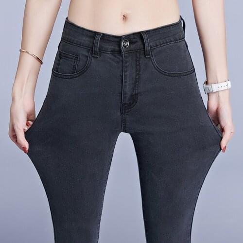 Denim Skinny Pencil Pants Jeans Women Mom Jeans Blue Gray Black Woman High Elastic Plus Size 40 Stretch Jeans Female Washed