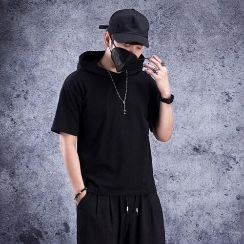 Short sleeve t-shirt mens Korean fashion handsome hooded loose half sleeve T-shirt summer Korean hip hop street fashion brand h