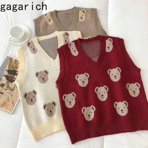 Gagarich Women Vests 2021 Spring Autumn Japanese College Style Girls V-Neck Cute Cartoon Bear Embroidery Knitted Pullovers