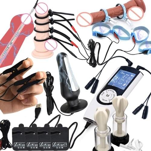SM Players,Electro Shock Pulse Anal Butt Plug Electric Urethral Chastity Rod Nipple Sucker Clamp/Pad Penis Ring E-stim Sex Tools