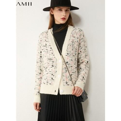 AMII Minimalism Autumn Winter Temperament Female Cardigan Causal Vneck Single-breasted Womens Sweater Cardigan Tops 12070282