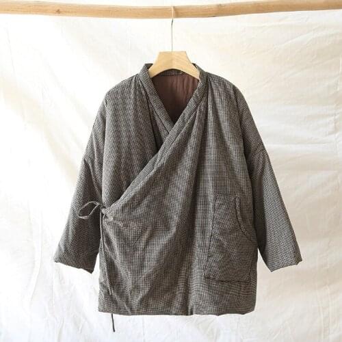 Japan Style Cardigans Women Loose V Neck Plaid Cotton Linen Parkas Outerwear Ladies Vintage Warm Coat Tops Female 2020