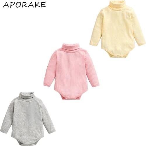 2021 0-18M Autumn Infant Baby Girl Romper Solid Color Turtleneck Long Sleeve Playsuit Cotton Clothes Casual Top Outfit