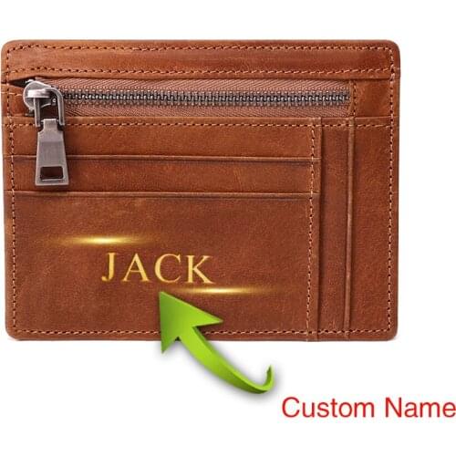 Engraved Name Genuine Leather Card Holder Bag Coin Purse Small Wallet Organizer Men Women Bank Credit Card ID Card Dropshipping