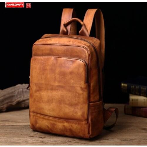 Genuine Leather Mens Backpack Business Men Laptop Bag Casual Travel Bag Leather Computer Vintage Backpacks Maletide School Bags