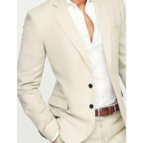 Men Suit Slim Fit Groom Tuxedos Mens Wedding Prom Beach Suits Beige Best Man Groomsman Suit 2 Pieces (Blazer+Pants)terno