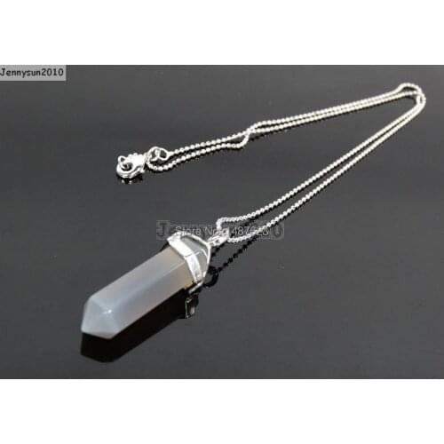 Natural Grey Ag-ate Gems Stones Hexagonal Pointed Healing Reiki Chakra Pendant Beads Silver 17'' Chain Necklace 5 Sets/Pack