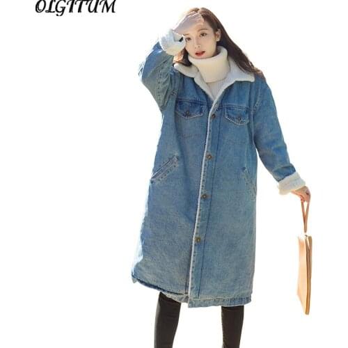 Denim Cotton coat 2019 Women long denim parka Autumn/winter New lambswool coat Loose thicken warm Denim outwear with pocket