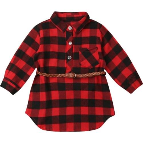 Christmas Pretty Infant Kids Baby 0-5Y Girls Dress Tops Long Sleeve Red Plaid Straight Knee-Length Dress With Belt