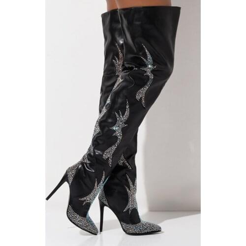 Sping Women Black Leather Rhinestone Totem Patchwork Boots Woman Crystal Pointed Toe Over The Knee Boots Thin Heels Knight Boots