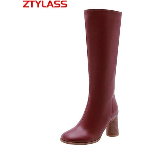 Big Size Women Boots 34-45 Fashion Zipper Autumn Winter Knee High Boots Women Square Toe Long Boots Ladies Thick High Heel Shoes