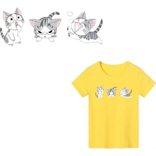 Cute Animals Cat Iron on Patches DIY Heat Transfer Washable Fashion Patches Stripe Stickers on Clothes Decor T-shirt Print PVC E