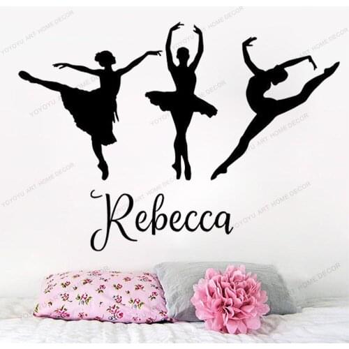 Three Ballet Dancers with Personalized Vinyl Decal for Girls Room Customized Color, Size and Name Wall Sticker for dance yw-588