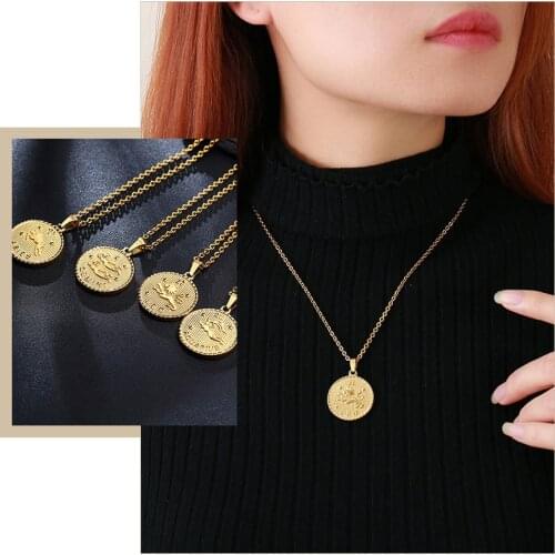 Vintage 12 Horoscope Coin Necklaces for Women,The Zodiac Constellation Sign Pendant Jewelry, Gold Tone Collar Gift Accessory