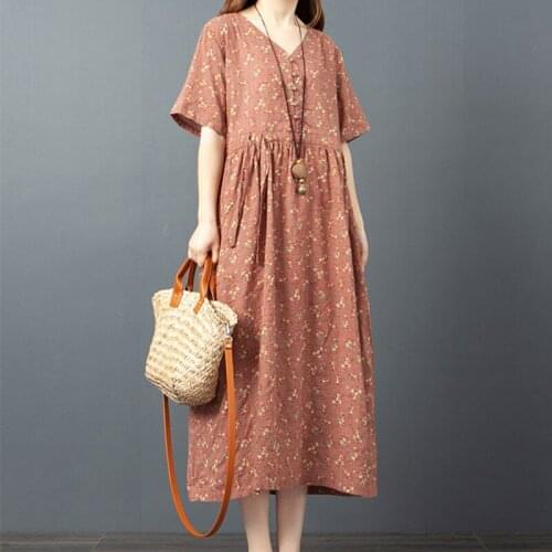 Vintage Dress 2021 New Arrival Short Sleeve Loose Summer Dress Cotton Linen Print Floral Chinese Style Dress Women Casual Dress