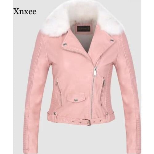 2020 Hot Fashion Women Winter Warm Faux Leather Jackets with Fur Collar Belt Lady Black Pink Motorcycle Biker Outerwear Coats