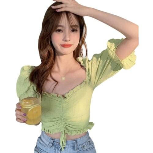 Womens Half-Sleeved Shirt Tops Summer Shirts Slash Neck Casual Version Sweet Sexy Exposed Navel Tops