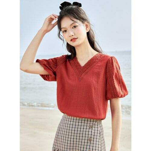 INMAN Classic Vintage Clor Lady Blouse Elegant Women Pretty Weave Hollow Out Decoration V Collar Bubble Lush Sleeve Female Tops