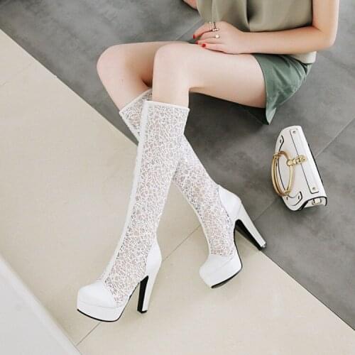 PXELENA Design Lace Breathable Knee High Boots Women Super High Heels Platform Autumn Spring Boots Round Toe Party Shoes 34-43
