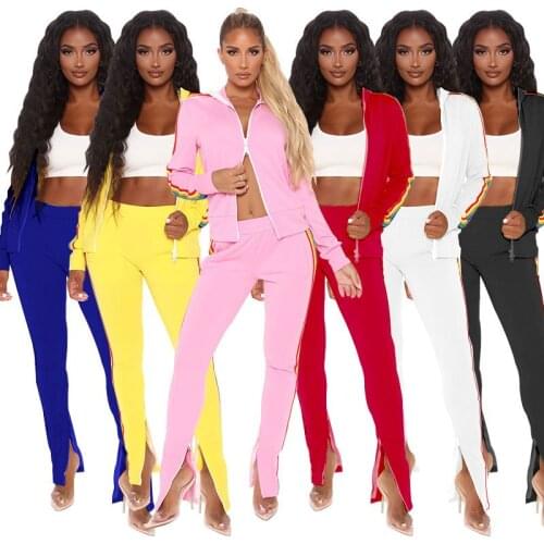 Echoine Rainbow Striped Womens Two Piece Set Jacket Flare Bellbottom Pants Suits Sports Casual Tracksuit Sport Fitness Outfits