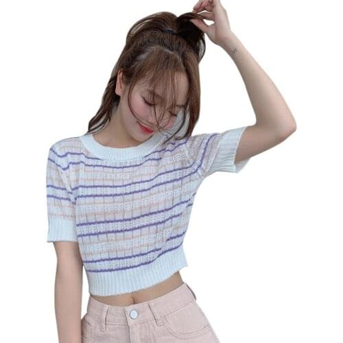 Sexy Top Womens Korean Style Casual O Neck Striped Short Sleeve Slim Crop Top Knitted T-Shirt