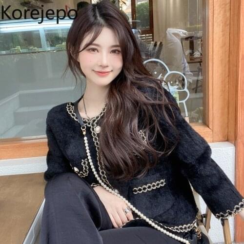 Korejepo Women Knitted Sweater Cardigan Jacket 2021 Autumn Winter New French Retro Sweet Elegant O-neck Long Sleeve Pearl Tops