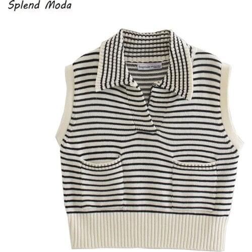 Splend Moda Autumn Turn Down Collar Striped Pocket Casual Short-Sleeve Fashion Sleeveless Sweater Knitted Vest Women Pullover